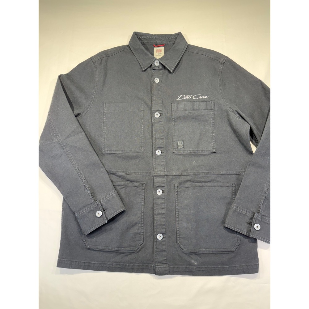 Topo Designs Dirt Crew Utility Jacket Land Rover XL Black Organic Embroidered